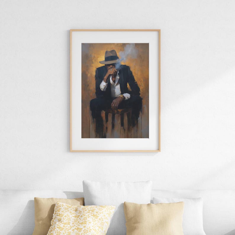 Arte mural de hombre negro con cigarro, retrato de club de caballeros moderno, pintura al óleo melancólica, decoración masculina, retrato de fumador envejecido en tonos tierra y afrocéntrico imagen 7