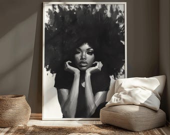 Arte murale di una donna nera, acconciatura afro, dipinto moderno afrocentrico, arredamento per donne con redditi elevati, stampa artistica di lusso, estetica minimalista per la casa