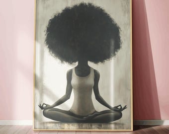 May include: A framed art print depicts a person in a seated yoga pose. The figure is rendered in shades of gray and white, with a large, dark afro. The person wears a white tank top. The artwork is set against a neutral background.