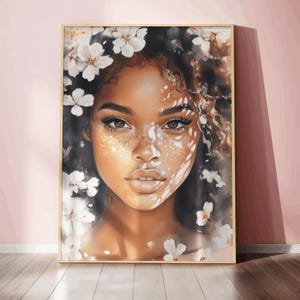Etherische zwarte vrouw kunst bloemen fantasie portret zacht vrouwelijk wand decor kunst vrouw portret digitale illustratie luxe interieur