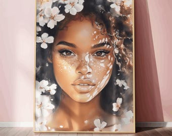 Ethereal black woman art floral fantasy portrait soft feminine wall decor art woman portrait digital illustration luxury home decor