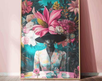 Afrocentric Floral Wall Art Black Woman Portrait with Flowers in Teal Pink Dark Botanical Poster Print Surreal Luxury Home Decor Gift
