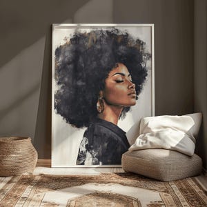 May include: A painting of a woman with a large afro, wearing a black shirt and gold earrings. The background is a light beige color.
