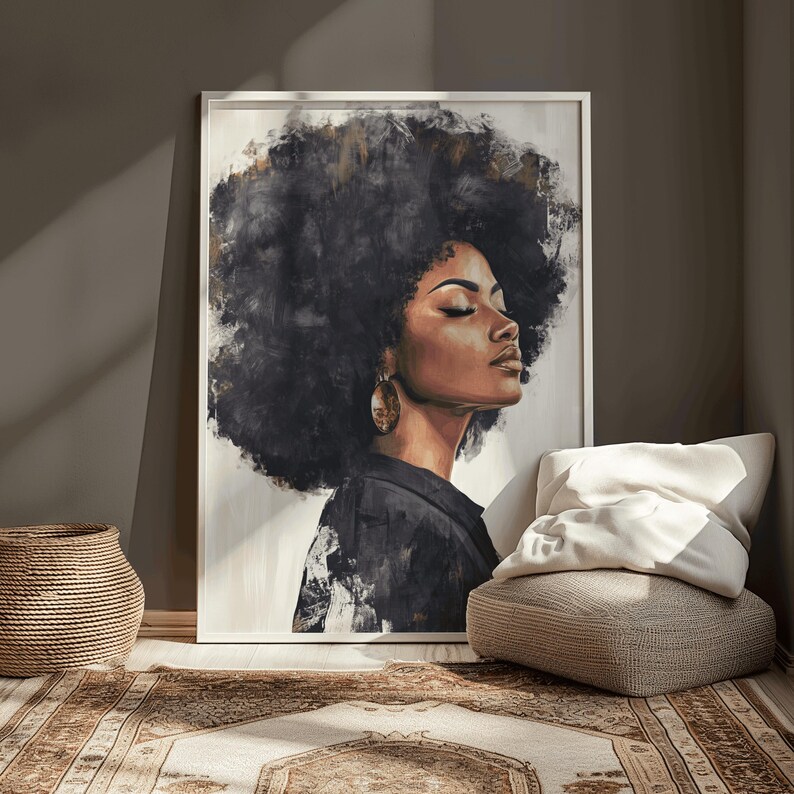 May include: A painting of a woman with a large afro, wearing a black shirt and gold earrings. The background is a light beige color.