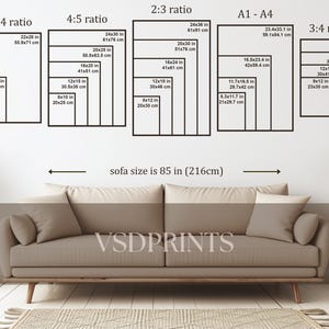 May include: A diagram showing different aspect ratios for prints, including 11:14, 4:5, 2:3, A1-A4, and 3:4. The diagram includes measurements in inches and centimeters for each aspect ratio. The text "sofa size is 85 in (216cm)" is also included in the diagram.