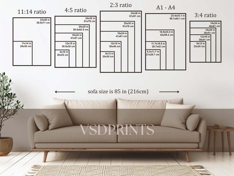 May include: A diagram showing different aspect ratios for prints, including 11:14, 4:5, 2:3, A1-A4, and 3:4. The diagram includes measurements in inches and centimeters for each aspect ratio. The text "sofa size is 85 in (216cm)" is also included in the diagram.