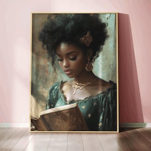 black woman queen reading wall art afrocentric book lover canvas print literary aesthetic painting intellectual decor gift for book lovers