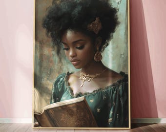 black woman queen reading wall art afrocentric book lover canvas print literary aesthetic painting intellectual decor gift for book lovers