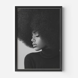 Black and White Afro Art Print Empowering Black Woman Art Minimalist Natural Hair Art Afrocentric Home Decor 70s Mod African American Art image 1