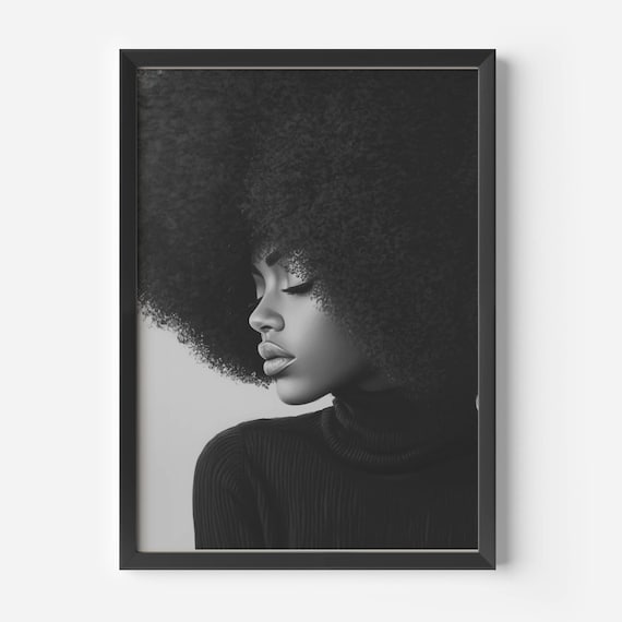Black and White Afro Art Print Empowering Black Woman Art Minimalist Natural Hair Art Afrocentric Home Decor 70s Mod African American Art