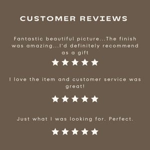 May include: Customer reviews for a product with five-star ratings. The text reads "Fantastic beautiful picture... The finish was amazing...I'd definitely recommend as a gift."  "I love the item and customer service was great!"  "Just what I was looking for. Perfect."