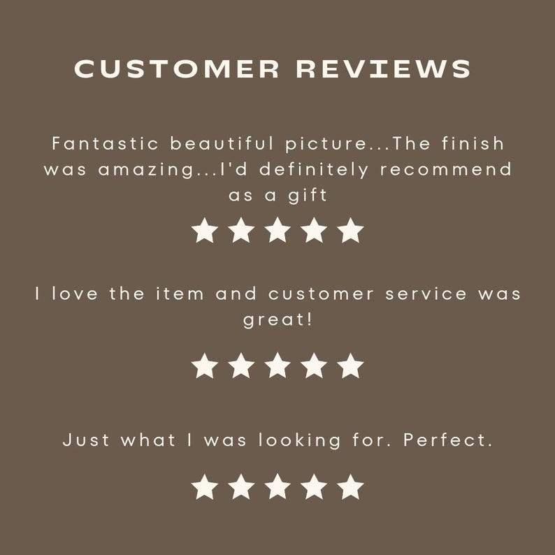 May include: Customer reviews for a product with five-star ratings. The text reads "Fantastic beautiful picture... The finish was amazing...I'd definitely recommend as a gift."  "I love the item and customer service was great!"  "Just what I was looking for. Perfect."