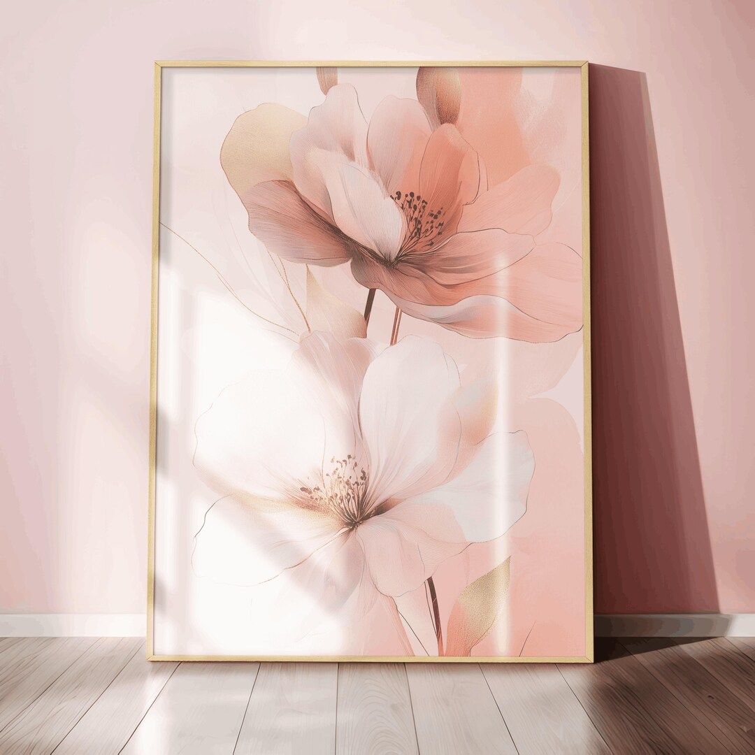Soft Blush Floral Art With Gold Accents Elegant Pink Flower Wall Decor ...