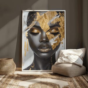 Black gold abstract portrait modern luxury wall art elegant African woman decor glam minimalist painting contemporary fashion print gift for