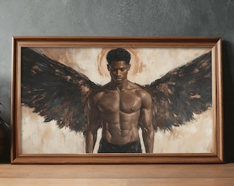 Impresión artística de ángel afroamericano masculino dorado, arte religioso de lujo, decoración espiritual para el hogar, celestial, impresión artística digital masculina negra, estética dorada