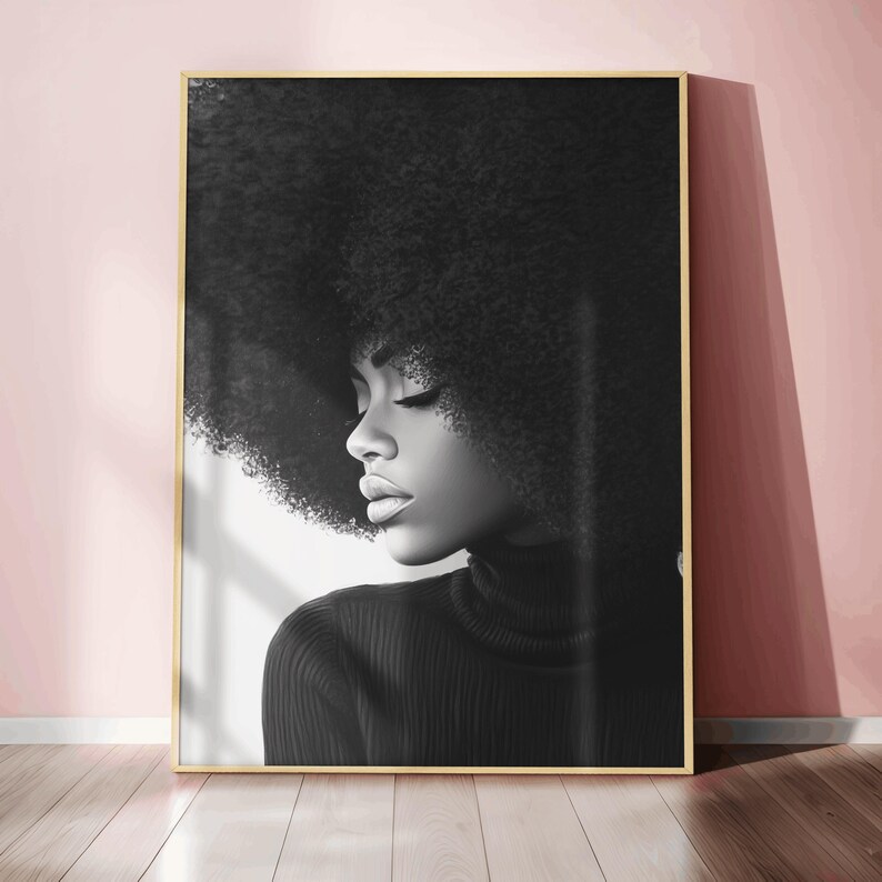 May include: Black and white portrait of a person with an afro hairstyle wearing a black turtleneck sweater.