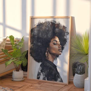May include: A framed painting of a woman with a large afro, wearing a black jacket and earrings. The woman has her eyes closed and is looking to the right. The background is white with a light gray wash.
