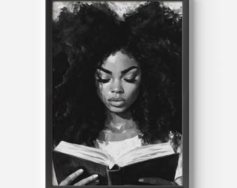 African american woman reading wall art afrocentric book lover art print literary aesthetic painting intellectual decor gift for book lovers