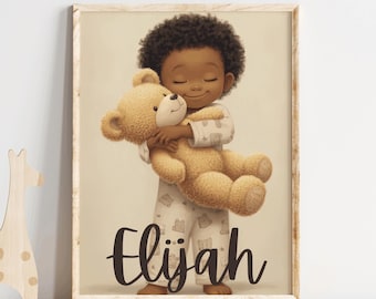 Impresión personalizada de osito de peluche para guardería, nombre de bebé negro personalizado, arte de pared neutro, decoración de habitación infantil, ilustración acogedora para la hora de dormir, regalo para niños pequeños