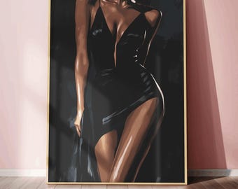 May include: A digital painting of a person in a black dress with a plunging neckline. The person is standing with their back to the viewer and their head is not visible. The background is a dark, abstract design.