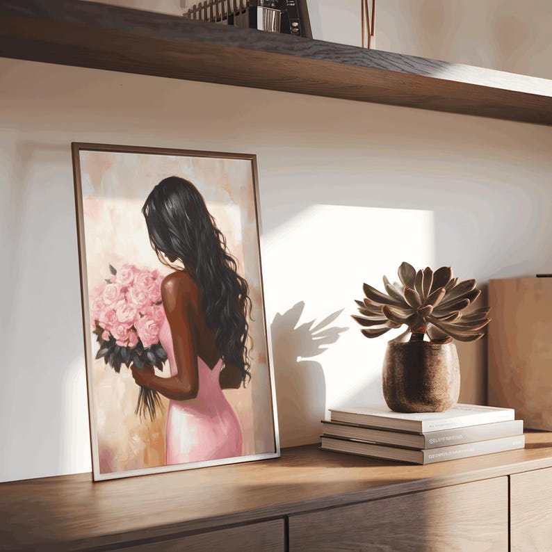 May include: A painting of a person with long black hair holding a bouquet of pink roses. The person is wearing a pink dress and is standing in front of a light brown background.