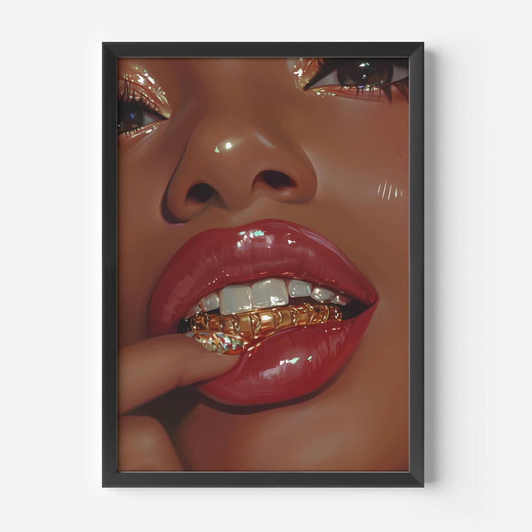 Gold Grillz Lips Art Black Woman Glossy Lips Wall Art Modern Beauty ...