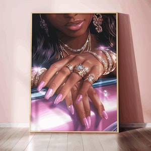 luxury black girl art pink nails diamond jewellery print bling aesthetic wall art black girl poster for dorm room decor barbiecore pinkcore