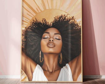 Peut inclure: Une peinture numérique d'une femme à la peau brune foncée et aux cheveux noirs bouclés. Elle porte un haut blanc et de grandes boucles d'oreilles en or. L'arrière-plan est un soleil éclatant doré.