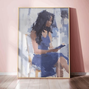 African american woman reading wall art afrocentric book lover blue art print aesthetic painting intellectual decor gift for book lovers