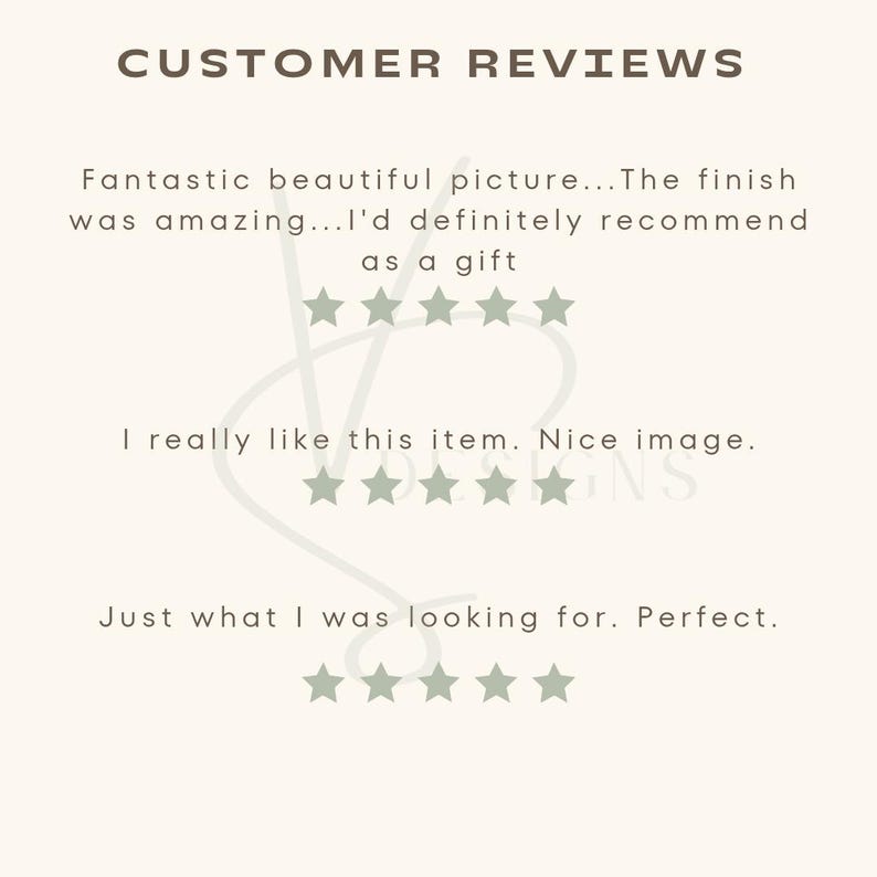 May include: Customer reviews for a product with five-star ratings. The reviews say "Fantastic beautiful picture... The finish was amazing... I'd definitely recommend as a gift", "I really like this item. Nice image." and "Just what I was looking for. Perfect."