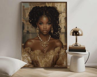 May include: A painting of a woman with dark curly hair wearing a gold and white dress, pearl earrings, and a pearl necklace. The background is a blurry image of a city.