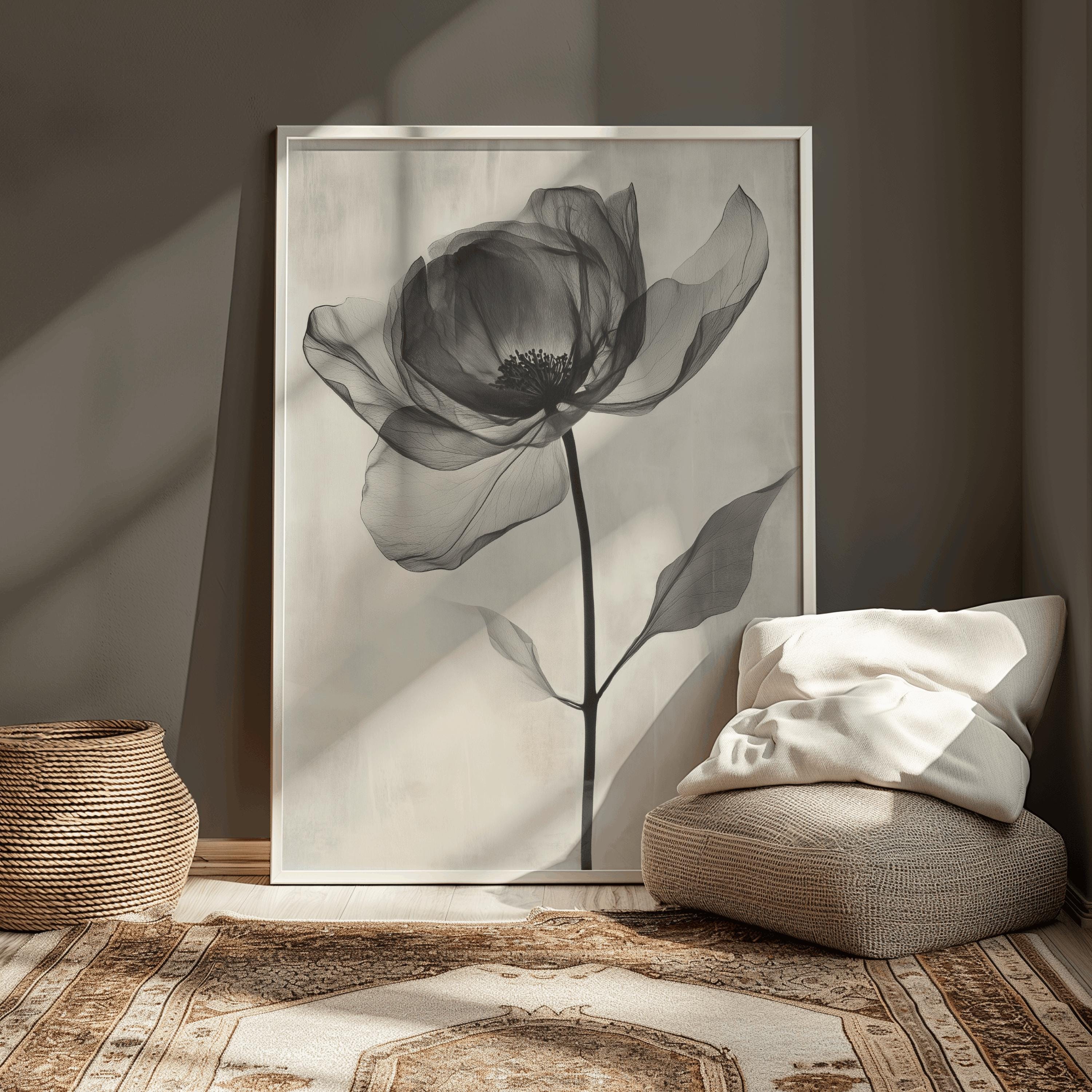 Black and White Single Flower Wall Art Minimalist Monochrome Botanical ...