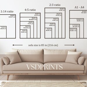 May include: A diagram showing different print sizes in inches and centimeters, with a sofa in the foreground. The text "sofa size is 85 in (216 cm)" is below the diagram. The text "VSDPRINTS" is on the sofa.
