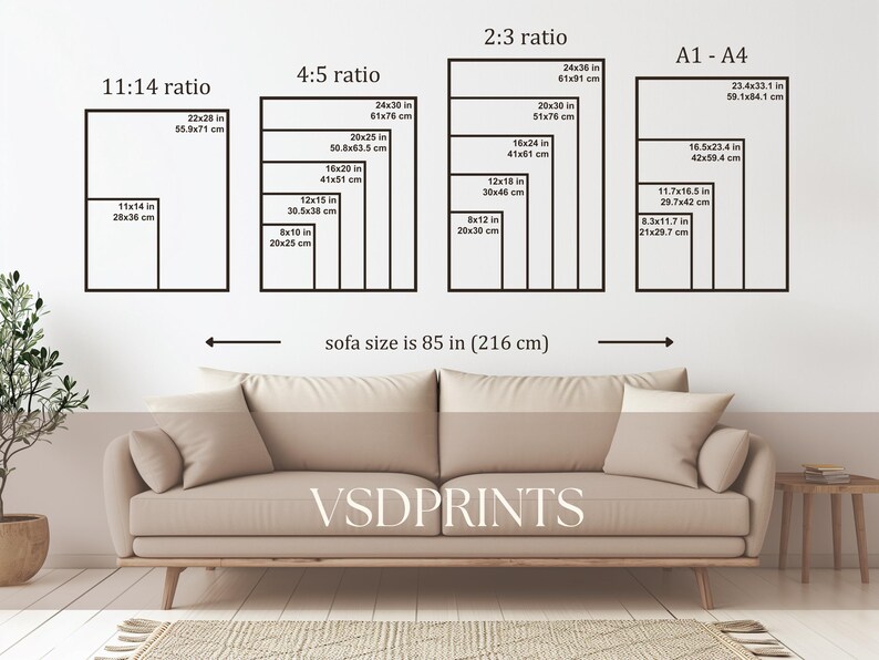 May include: A diagram showing different print sizes in inches and centimeters, with a sofa in the foreground. The text "sofa size is 85 in (216 cm)" is below the diagram. The text "VSDPRINTS" is on the sofa.