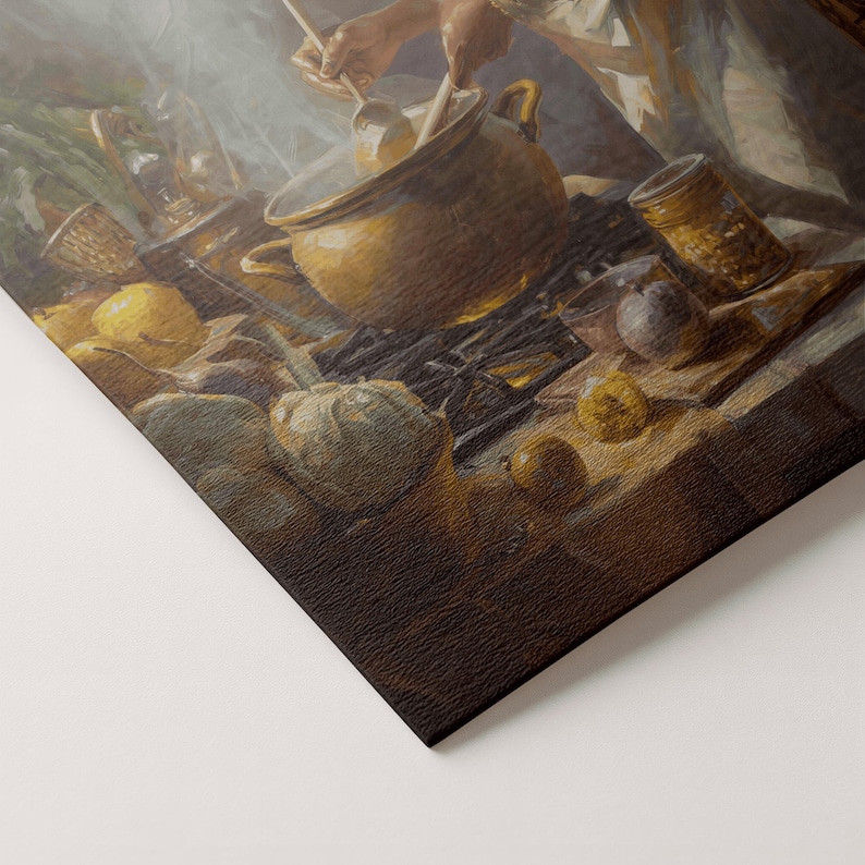 May include: A still life painting depicting a kitchen scene with a large copper pot, vegetables, and fruit. A person is stirring the contents of the pot with a wooden spoon. The color palette is warm, with shades of brown, yellow, and orange.