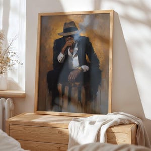 Arte mural de hombre negro con cigarro, retrato de club de caballeros moderno, pintura al óleo melancólica, decoración masculina, retrato de fumador envejecido en tonos tierra y afrocéntrico imagen 9