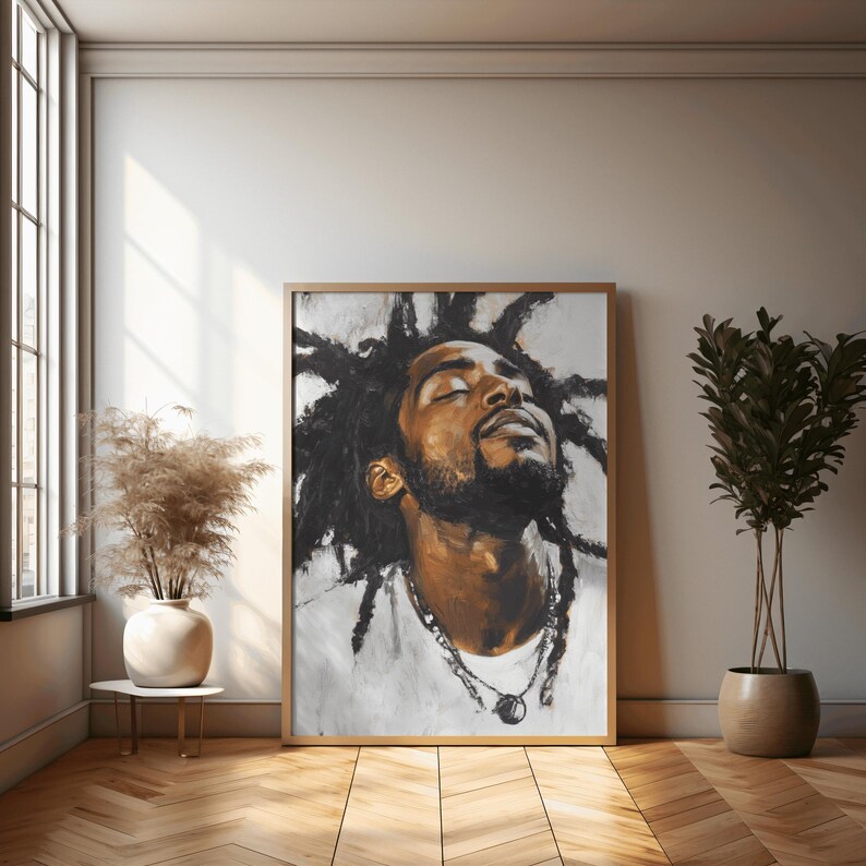May include: A painting of a person with dreadlocks, wearing a white shirt and a silver necklace. The person's eyes are closed and their head is tilted back. The background is a light gray color.