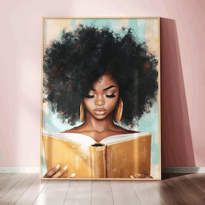 Black woman reading book canvas art cozy home decor intellectual wall art afrocentric minimalist design unique gift for book lovers