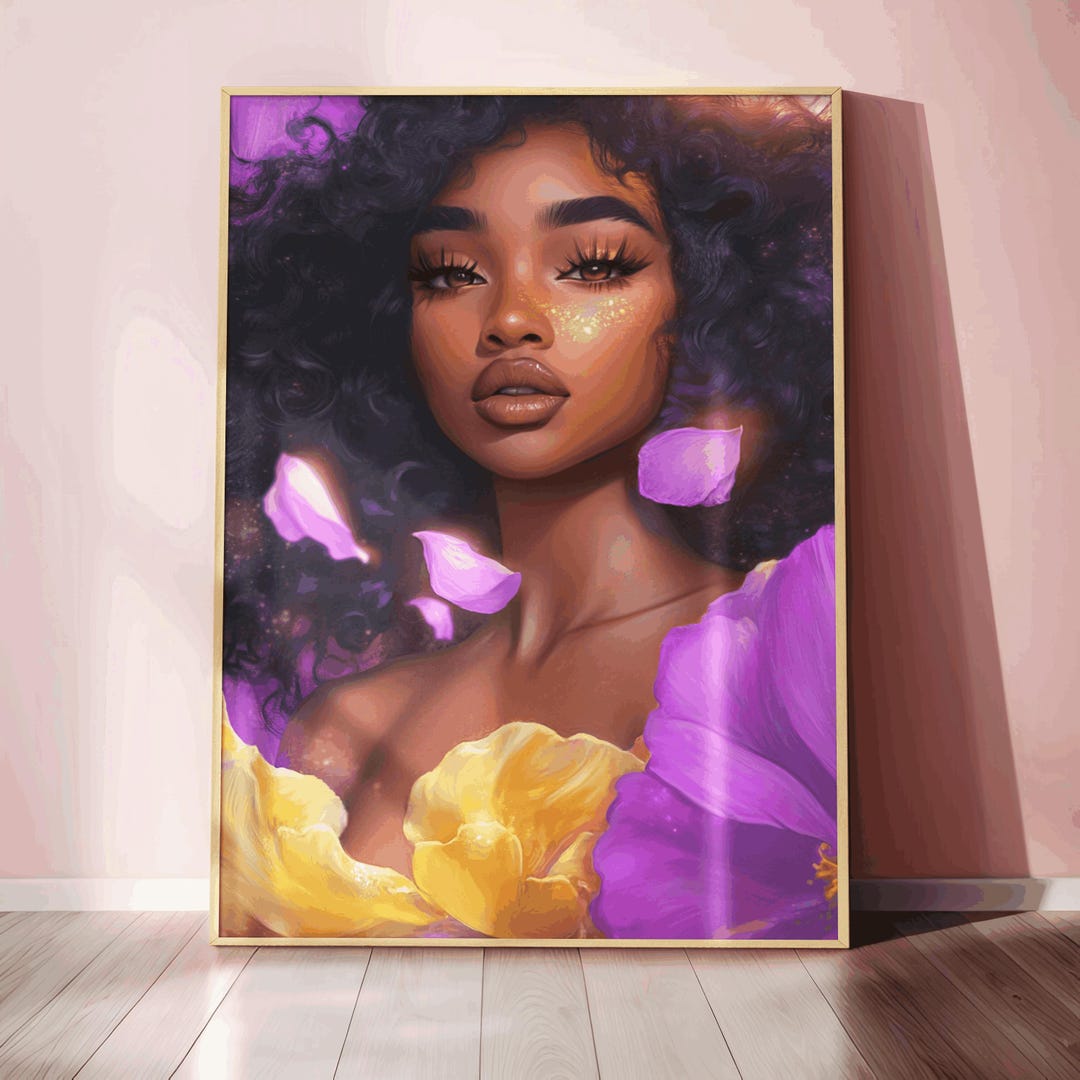 Black Woman Floral Portrait Wall Art Romantic Feminine Beauty Print ...