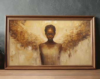 Black woman angel art print luxury gold home decor spiritual african american wall art religious art for living room ethnic wall art angel