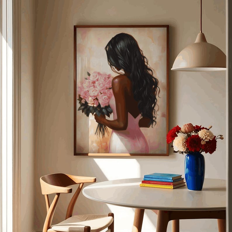 May include: A painting of a woman with long black hair holding a bouquet of pink roses. The woman is wearing a pink dress and is standing in front of a light brown background.