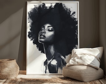 Afrocentric Black Woman Wall Art Bold Minimalist Portrait Print Monochrome Modern Decor Print Minimalist Natural Hair Art