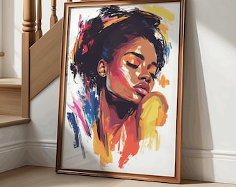 Canvas muurkunst portret zwarte vrouw wordt afgedrukt Kleurrijke penseelstreekkunst Hedendaags interieur voor moderne ruimtes Levendige gedurfde kunst