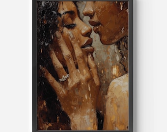 Intimate Black Lesbian Couple Art Romantic Portrait LGBTQ+ Love Wall Print Black Love Art Anniversary Gift Queer Home Decor