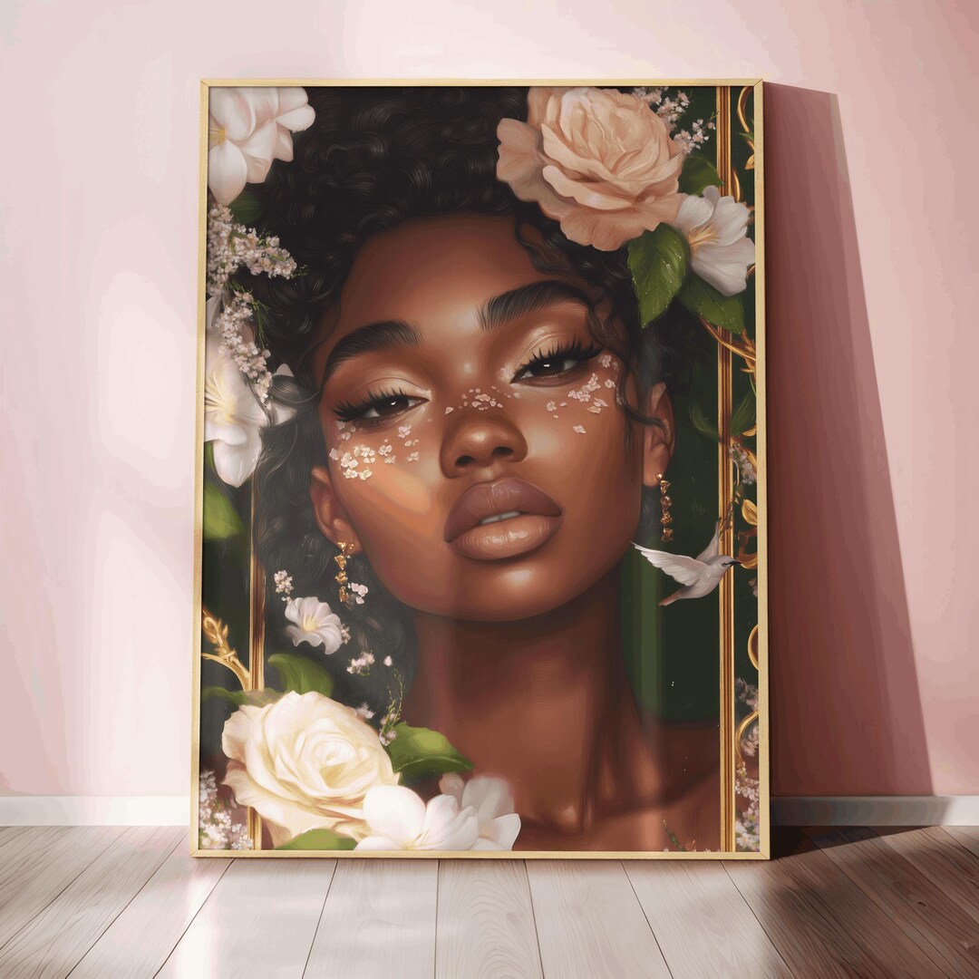 Black Woman Floral Portrait Wall Art Romantic Feminine Beauty Print ...