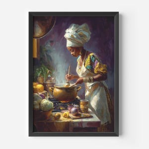 African woman cooking wall art. traditional kitchen scene. oil painting cultural food preparation warm rustic decor.