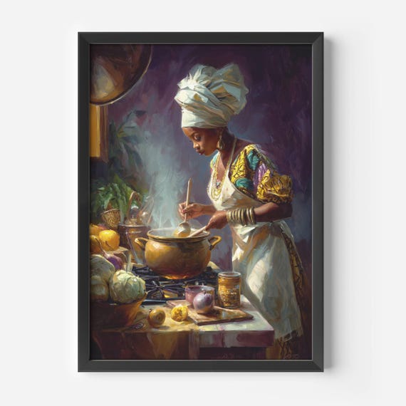 African Woman Cooking Scene Wall Art Afrocentric Kitchen Decor Rustic Cultural Painting Black Woman Artwork Culinary Home Decor Gift For