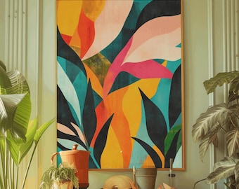 May include: Abstract art print featuring a colorful design of overlapping leaves in shades of pink, yellow, orange, blue, and green. The print is framed in a natural wood frame.