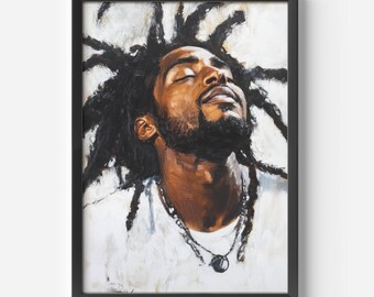 Retrato de hombre negro pacífico con rastas, arte de pared afrocéntrico texturizado, impresión de arte rústico moderno, decoración del hogar conmovedora, arte afro bohemio en tonos neutros.