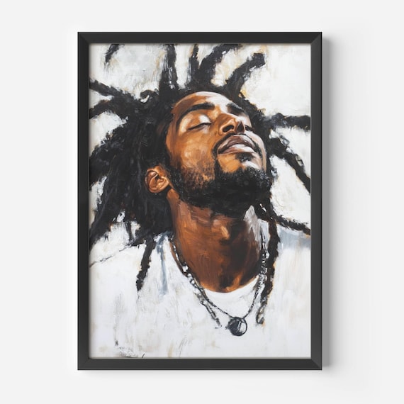Peaceful black man portrait with locs textured afrocentric wall art modern rustic art print soulful home decor afro boho art neutral tones